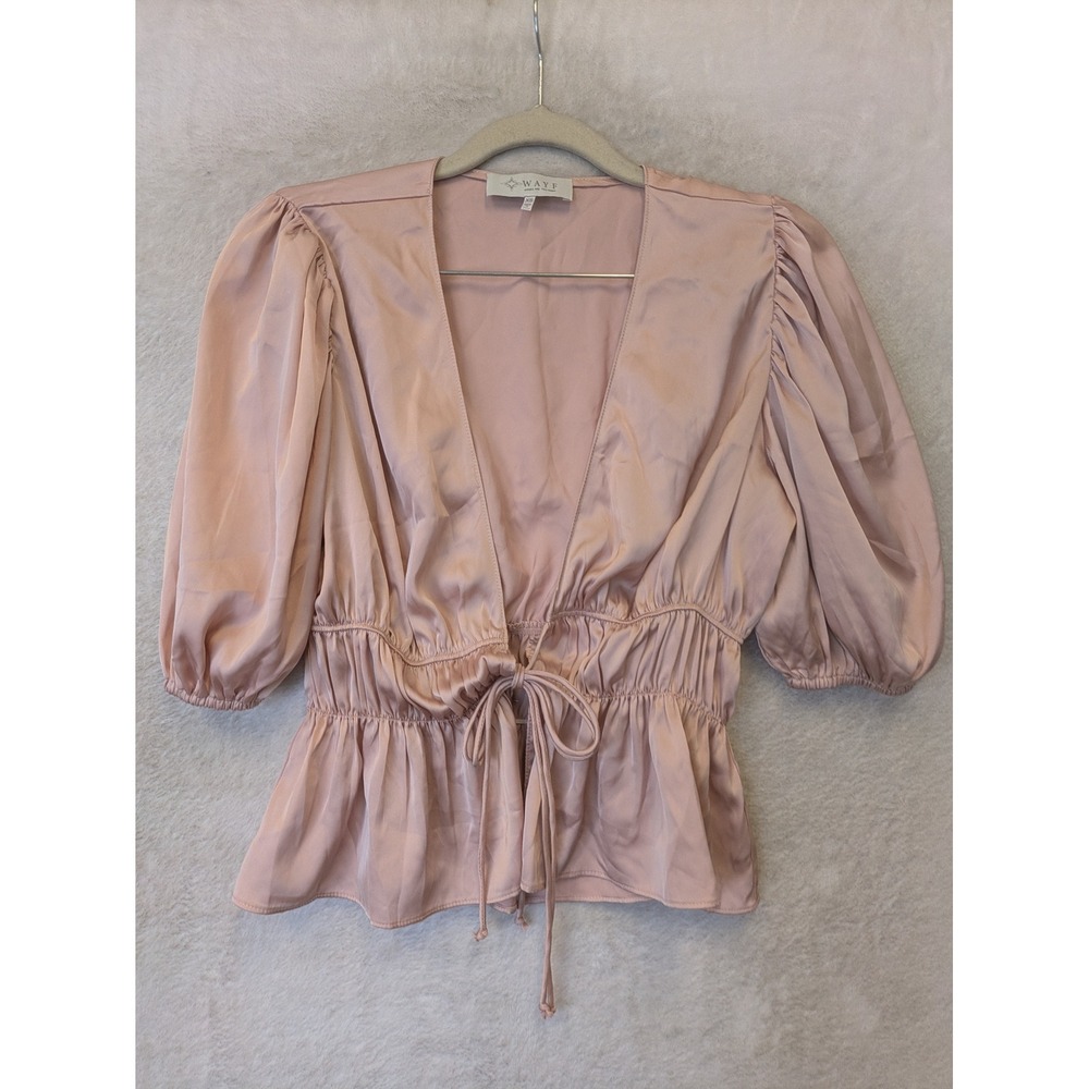 WAYF Peplum Top Women's XS Blush Pink Deep V-Neck Puff Sleeve Tie Front Satin